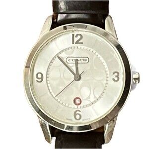 Coach Wrist Watch Ladies Analog Date Logo Silver-tone deBeer Black Leather Band‎